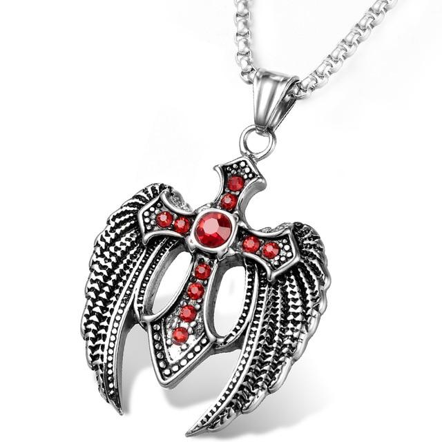 Angel Wings Steel Cross with Ruby Crystals and Chain Necklace-Necklaces-Innovato Design-Innovato Design