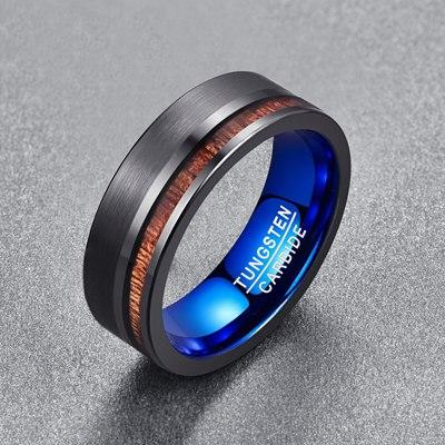 Blue and Brushed Matte Black with Wood Inlay Tungsten Carbide Ring-Rings-Innovato Design-7-Innovato Design