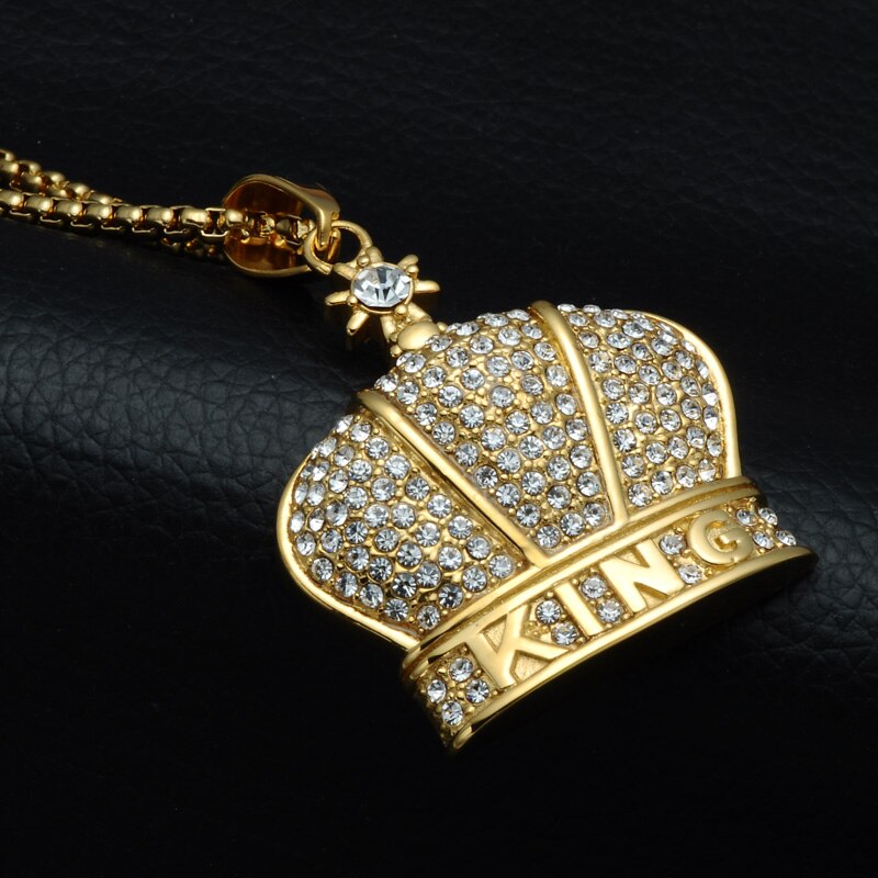Rhinestone-Studded Gold-Plated King Crown Bling 316L Stainless Steel Hip-hop Pendant Necklace-Necklaces-Innovato Design-Innovato Design