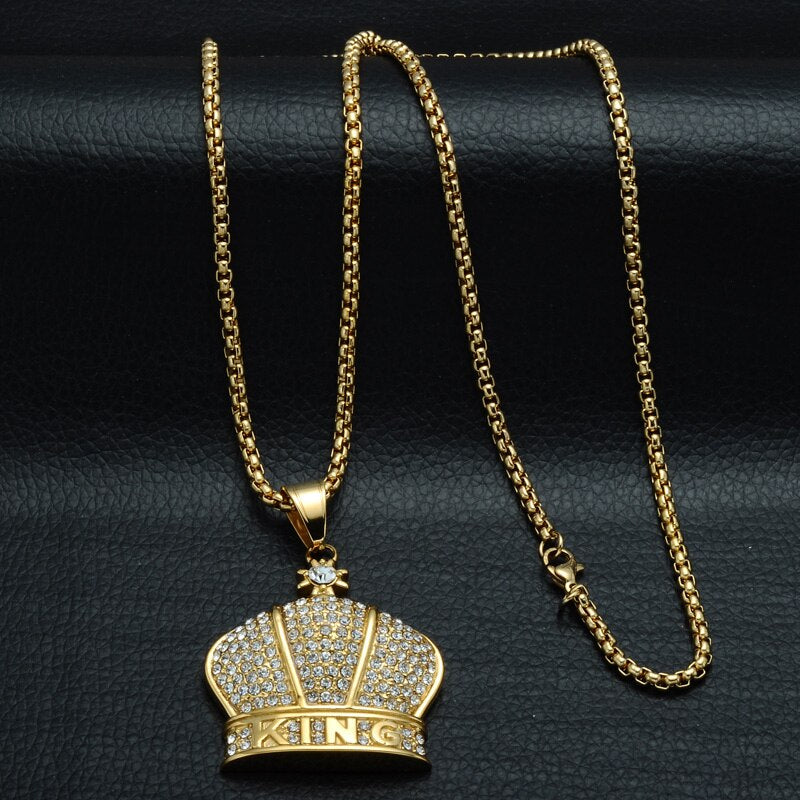 Rhinestone-Studded Gold-Plated King Crown Bling 316L Stainless Steel Hip-hop Pendant Necklace-Necklaces-Innovato Design-Innovato Design