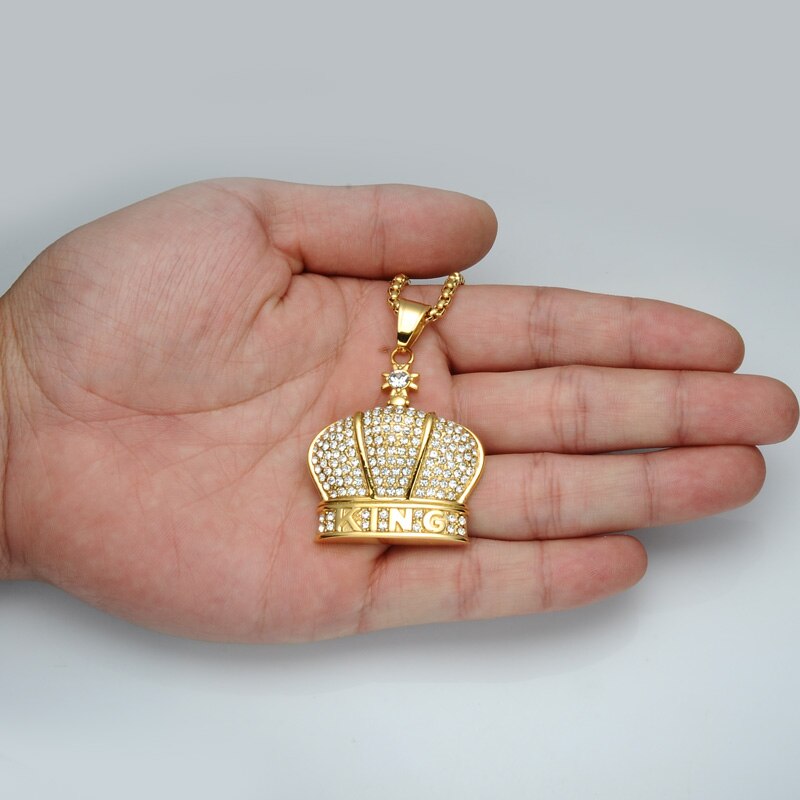 Rhinestone-Studded Gold-Plated King Crown Bling 316L Stainless Steel Hip-hop Pendant Necklace-Necklaces-Innovato Design-Innovato Design