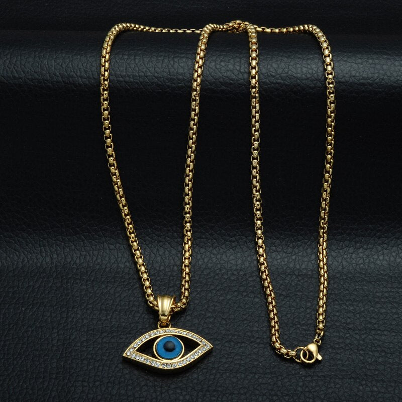 Gemstone-Studded Evil Eye Stainless Steel Hip-hop Pendant Necklace-Necklaces-Innovato Design-Innovato Design
