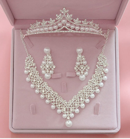 Magnificent Pearl and Crystal Tiara, Necklace & Earrings Wedding Jewelry Set-Jewelry Sets-Innovato Design-Innovato Design