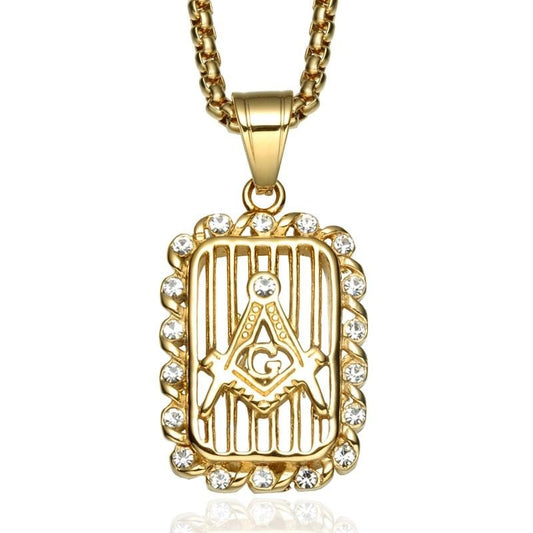 Paved Crystal Square Freemason Bling Stainless Steel Hip-hop Pendant Necklace-Necklaces-Innovato Design-Gold-Innovato Design