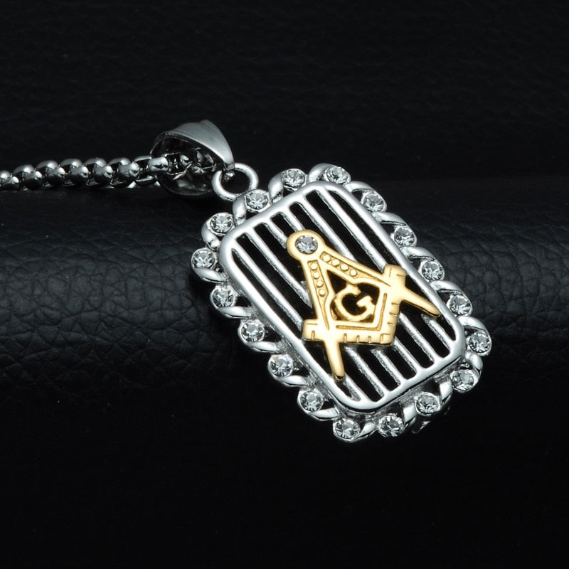 Paved Crystal Square Freemason Bling Stainless Steel Hip-hop Pendant Necklace-Necklaces-Innovato Design-Gold-Innovato Design