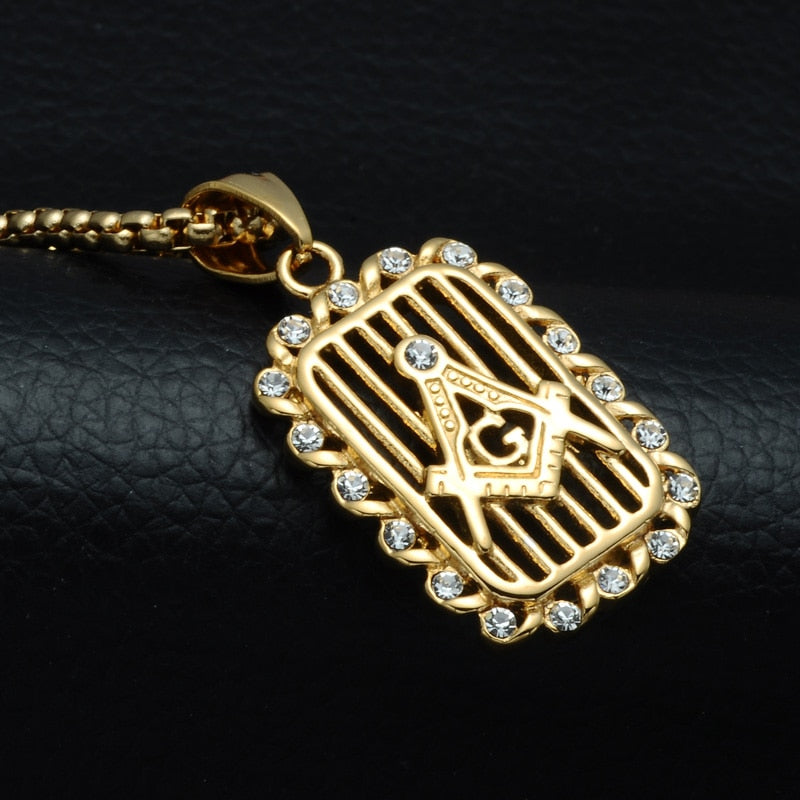 Paved Crystal Square Freemason Bling Stainless Steel Hip-hop Pendant Necklace-Necklaces-Innovato Design-Gold-Innovato Design