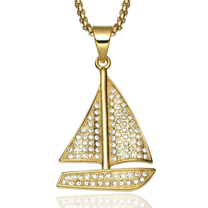 Rhinestone-Studded Gold-Plated Sailboat Bling Hip-hop Pendant Necklace-Necklaces-Innovato Design-Innovato Design