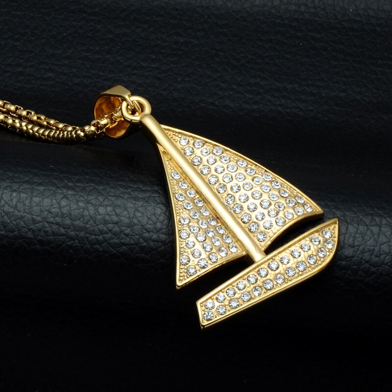 Rhinestone-Studded Gold-Plated Sailboat Bling Hip-hop Pendant Necklace-Necklaces-Innovato Design-Innovato Design