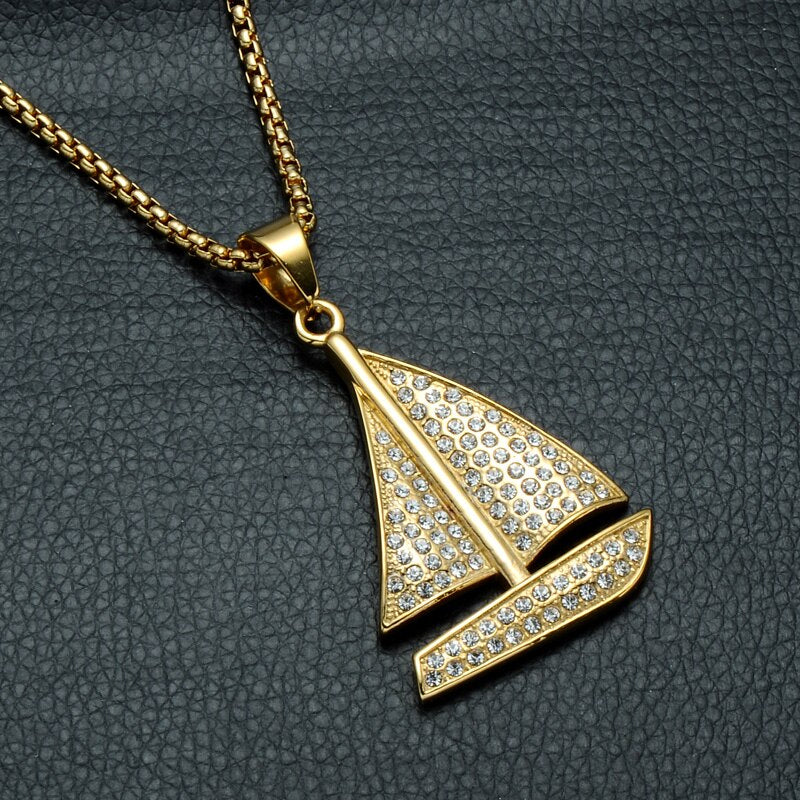 Rhinestone-Studded Gold-Plated Sailboat Bling Hip-hop Pendant Necklace-Necklaces-Innovato Design-Innovato Design