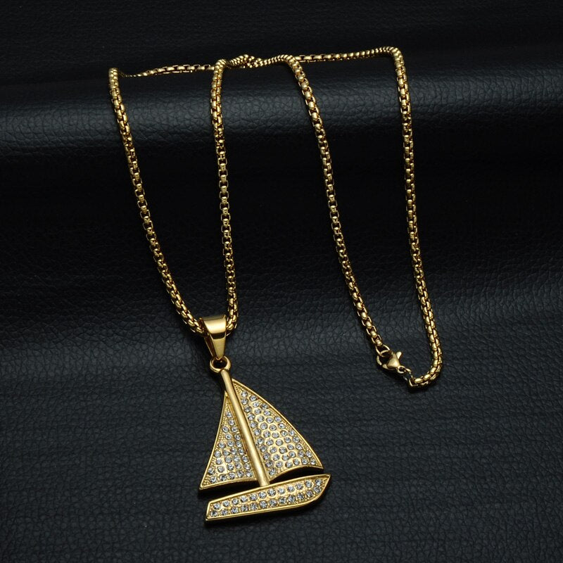 Rhinestone-Studded Gold-Plated Sailboat Bling Hip-hop Pendant Necklace-Necklaces-Innovato Design-Innovato Design