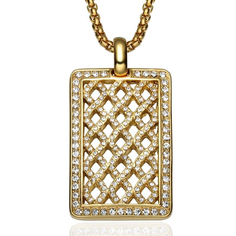 Rhinestone-Studded Gold-Plated Mesh Dog Tag Bling Stainless Steel Hip-hop Pendant Necklace-Necklaces-Innovato Design-Innovato Design