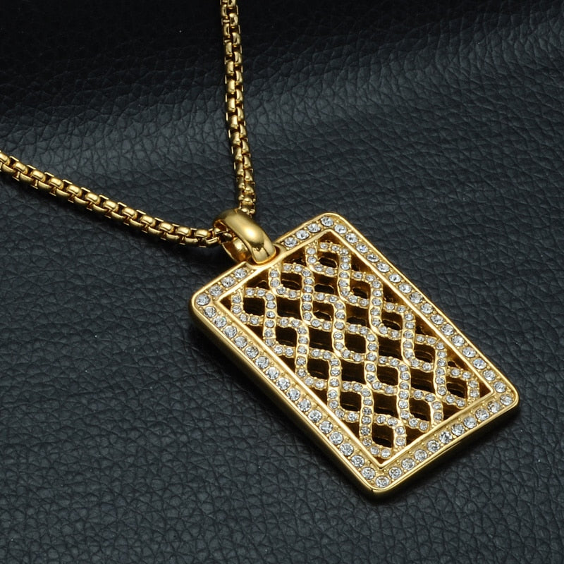 Rhinestone-Studded Gold-Plated Mesh Dog Tag Bling Stainless Steel Hip-hop Pendant Necklace-Necklaces-Innovato Design-Innovato Design