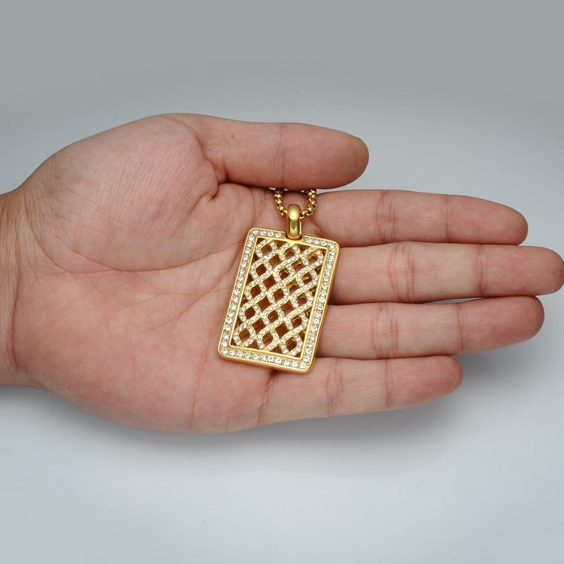 Rhinestone-Studded Gold-Plated Mesh Dog Tag Bling Stainless Steel Hip-hop Pendant Necklace-Necklaces-Innovato Design-Innovato Design