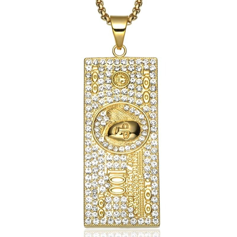 Gemstone-Studded 100 US Dollars Money Bling Stainless Steel Hip-hop Pendant Necklace-Necklaces-Innovato Design-Innovato Design