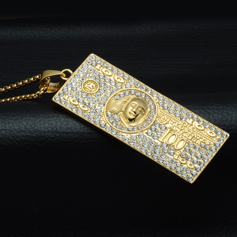 Gemstone-Studded 100 US Dollars Money Bling Stainless Steel Hip-hop Pendant Necklace-Necklaces-Innovato Design-Innovato Design