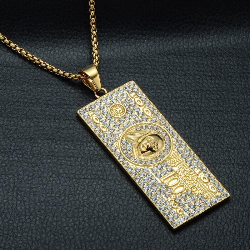 Gemstone-Studded 100 US Dollars Money Bling Stainless Steel Hip-hop Pendant Necklace-Necklaces-Innovato Design-Innovato Design