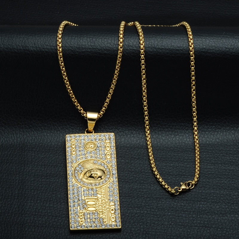 Gemstone-Studded 100 US Dollars Money Bling Stainless Steel Hip-hop Pendant Necklace-Necklaces-Innovato Design-Innovato Design