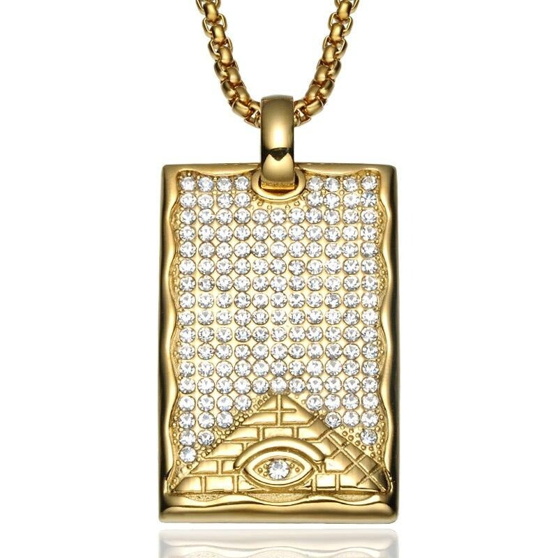Crystal-Studded Gold-Plated Eye of Providence Dog Tag Bling Titanium Hip-hop Pendant Necklace-Necklaces-Innovato Design-Innovato Design