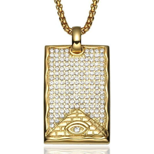Crystal-Studded Gold-Plated Eye of Providence Dog Tag Bling Titanium Hip-hop Pendant Necklace-Necklaces-Innovato Design-Innovato Design