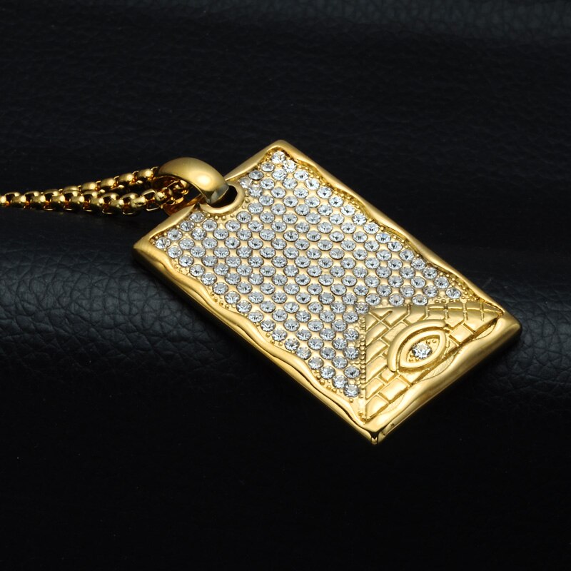 Crystal-Studded Gold-Plated Eye of Providence Dog Tag Bling Titanium Hip-hop Pendant Necklace-Necklaces-Innovato Design-Innovato Design