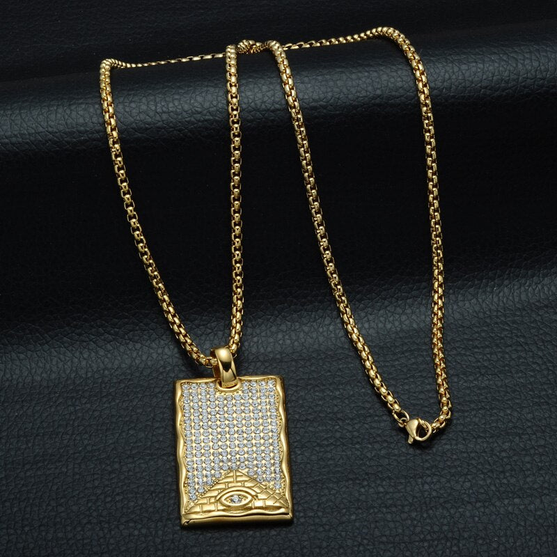 Crystal-Studded Gold-Plated Eye of Providence Dog Tag Bling Titanium Hip-hop Pendant Necklace-Necklaces-Innovato Design-Innovato Design