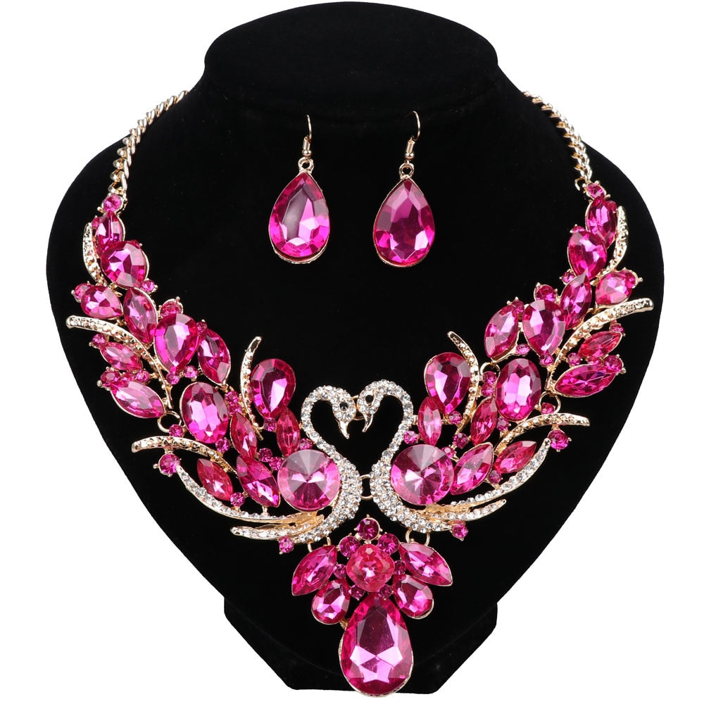 Pink Crystal Double Swan Necklace & Earrings Wedding Statement Jewelry Set-Jewelry Sets-Innovato Design-Innovato Design