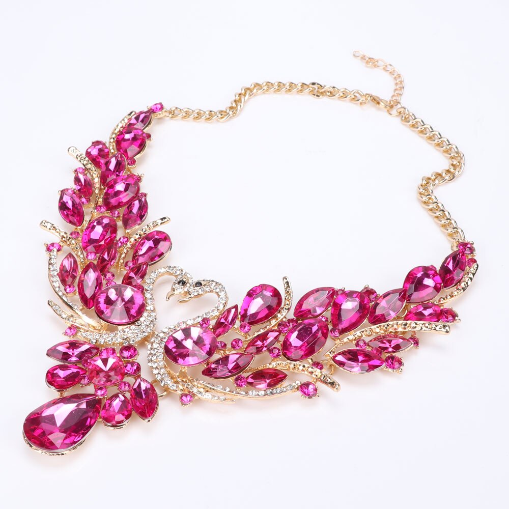 Pink Crystal Double Swan Necklace & Earrings Wedding Statement Jewelry Set-Jewelry Sets-Innovato Design-Innovato Design