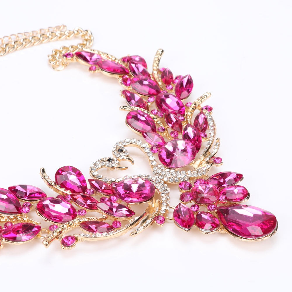 Pink Crystal Double Swan Necklace & Earrings Wedding Statement Jewelry Set-Jewelry Sets-Innovato Design-Innovato Design