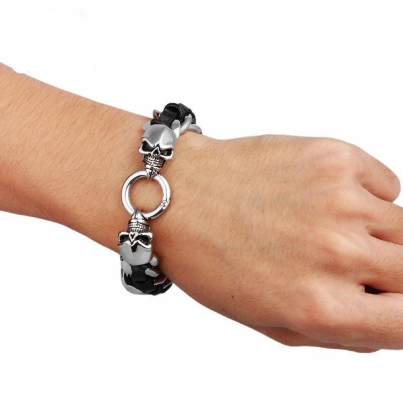 Men's Stainless Steel Leather Skull Bracelet-Skull Bracelet-Innovato Design-Innovato Design