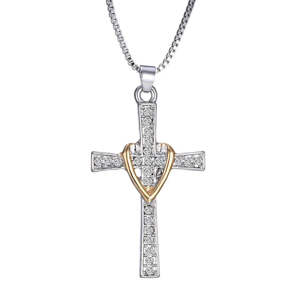 Two-Tone Silver and Gold Jeweled Cross Pendant Necklace-Necklaces-Innovato Design-Innovato Design