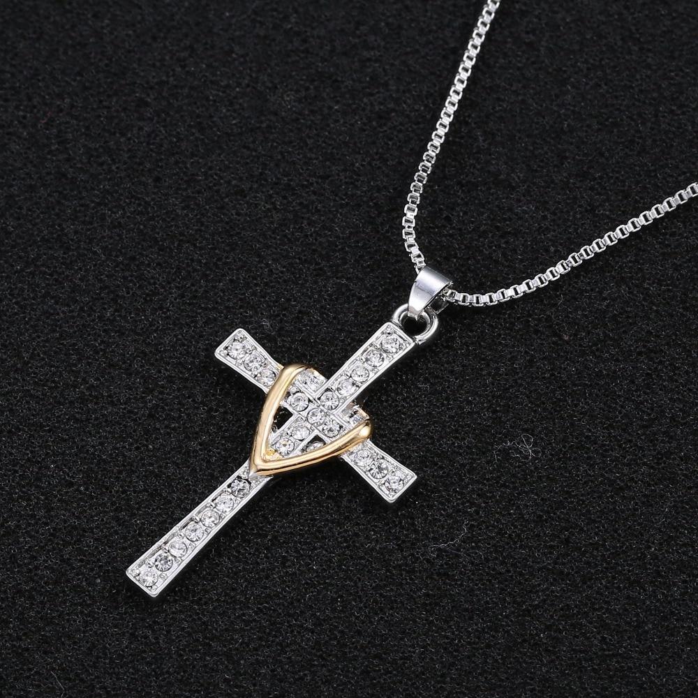 Two-Tone Silver and Gold Jeweled Cross Pendant Necklace-Necklaces-Innovato Design-Innovato Design