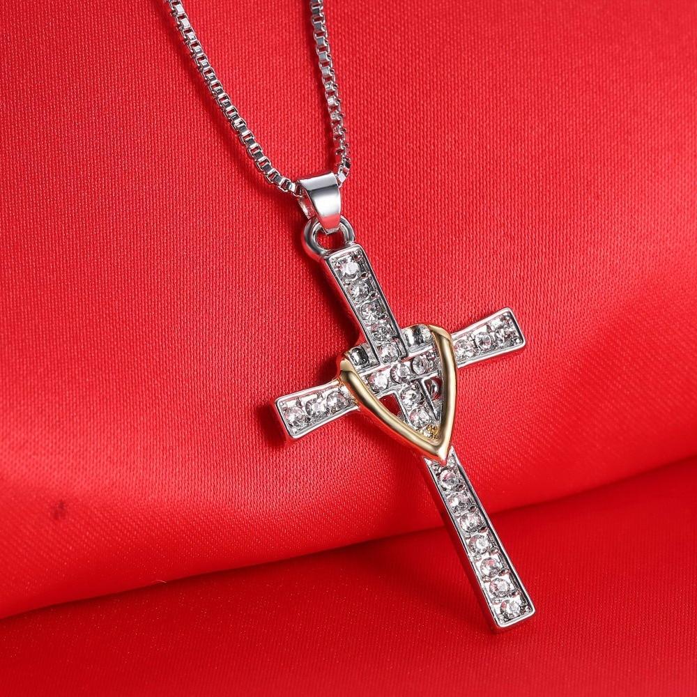Two-Tone Silver and Gold Jeweled Cross Pendant Necklace-Necklaces-Innovato Design-Innovato Design