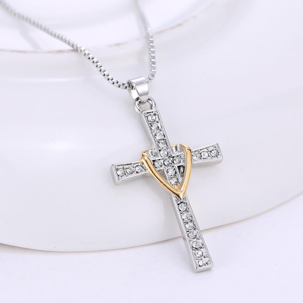 Two-Tone Silver and Gold Jeweled Cross Pendant Necklace-Necklaces-Innovato Design-Innovato Design