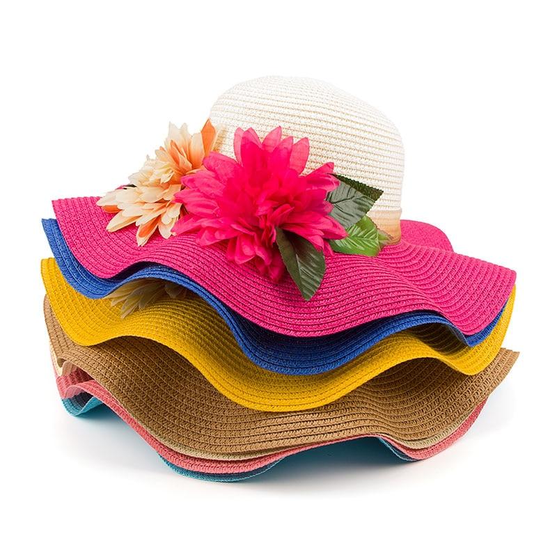 Mother-Daughter Floppy Large Brim Straw Sun Hat with Flowers-Hats-Innovato Design-Beige-Adult-Innovato Design