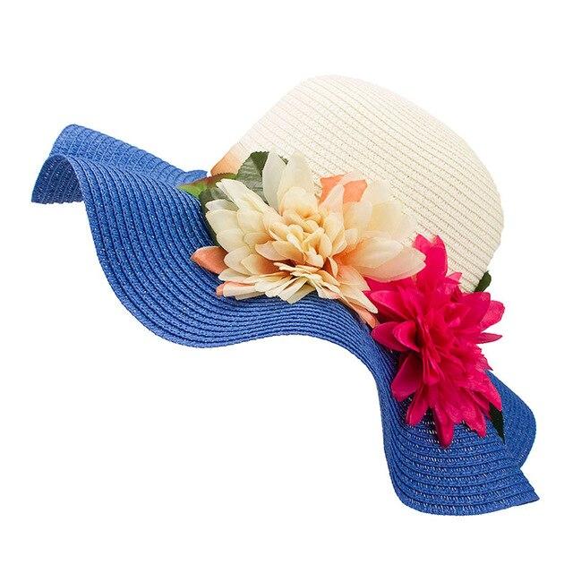 Mother-Daughter Floppy Large Brim Straw Sun Hat with Flowers-Hats-Innovato Design-Blue-Adult-Innovato Design