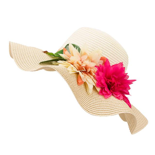 Mother-Daughter Floppy Large Brim Straw Sun Hat with Flowers-Hats-Innovato Design-Beige-Adult-Innovato Design