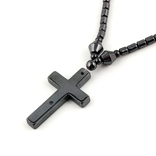 Black Hematite Stone Cross Pendant and Necklace with Magnetic Lock-Necklaces-Innovato Design-Innovato Design