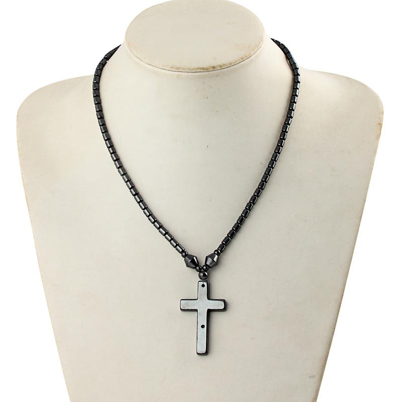 Black Hematite Stone Cross Pendant and Necklace with Magnetic Lock-Necklaces-Innovato Design-Innovato Design