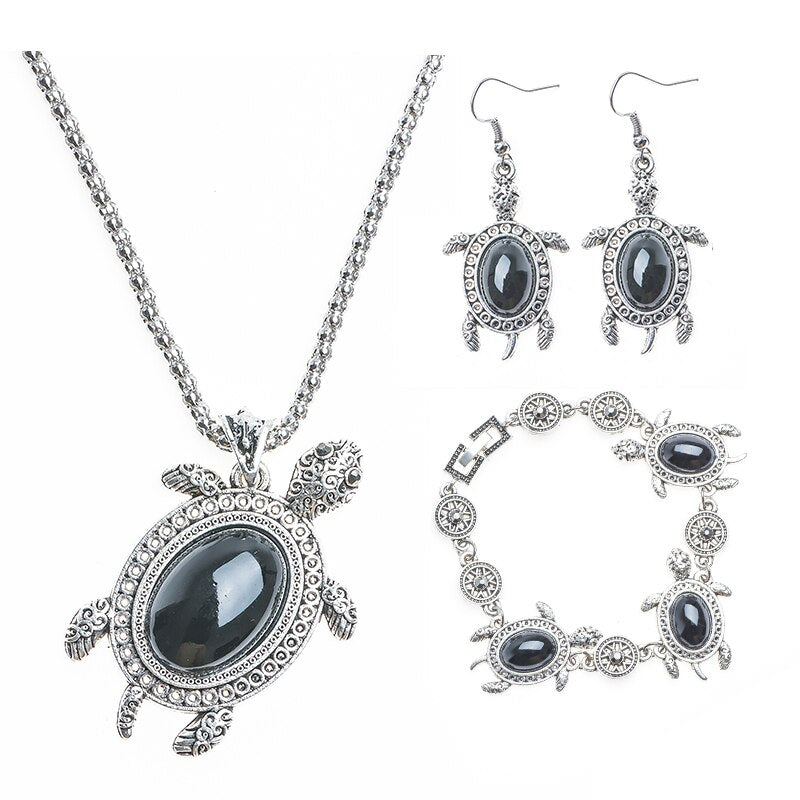 Tortoise Turtle Necklace, Bracelet & Earrings Vintage Jewelry Set-Jewelry Sets-Innovato Design-Black-Innovato Design