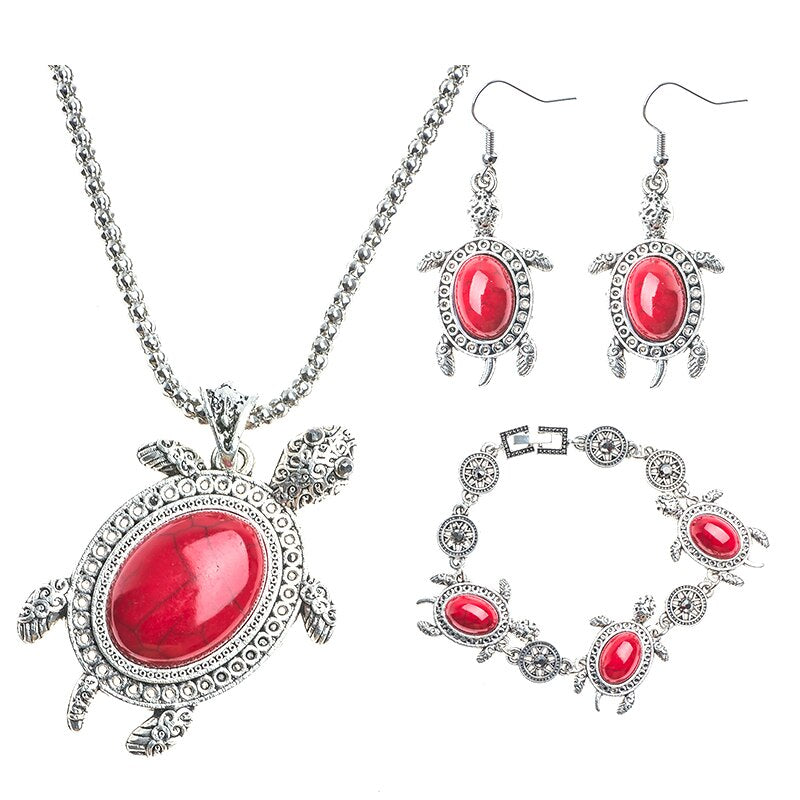 Tortoise Turtle Necklace, Bracelet & Earrings Vintage Jewelry Set-Jewelry Sets-Innovato Design-Red-Innovato Design
