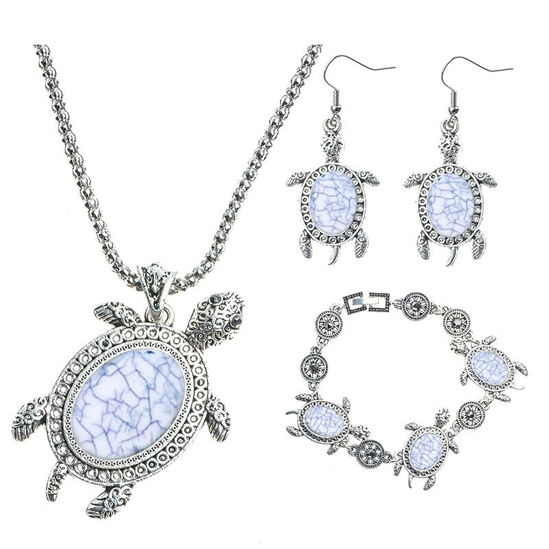 Tortoise Turtle Necklace, Bracelet & Earrings Vintage Jewelry Set-Jewelry Sets-Innovato Design-White-Innovato Design
