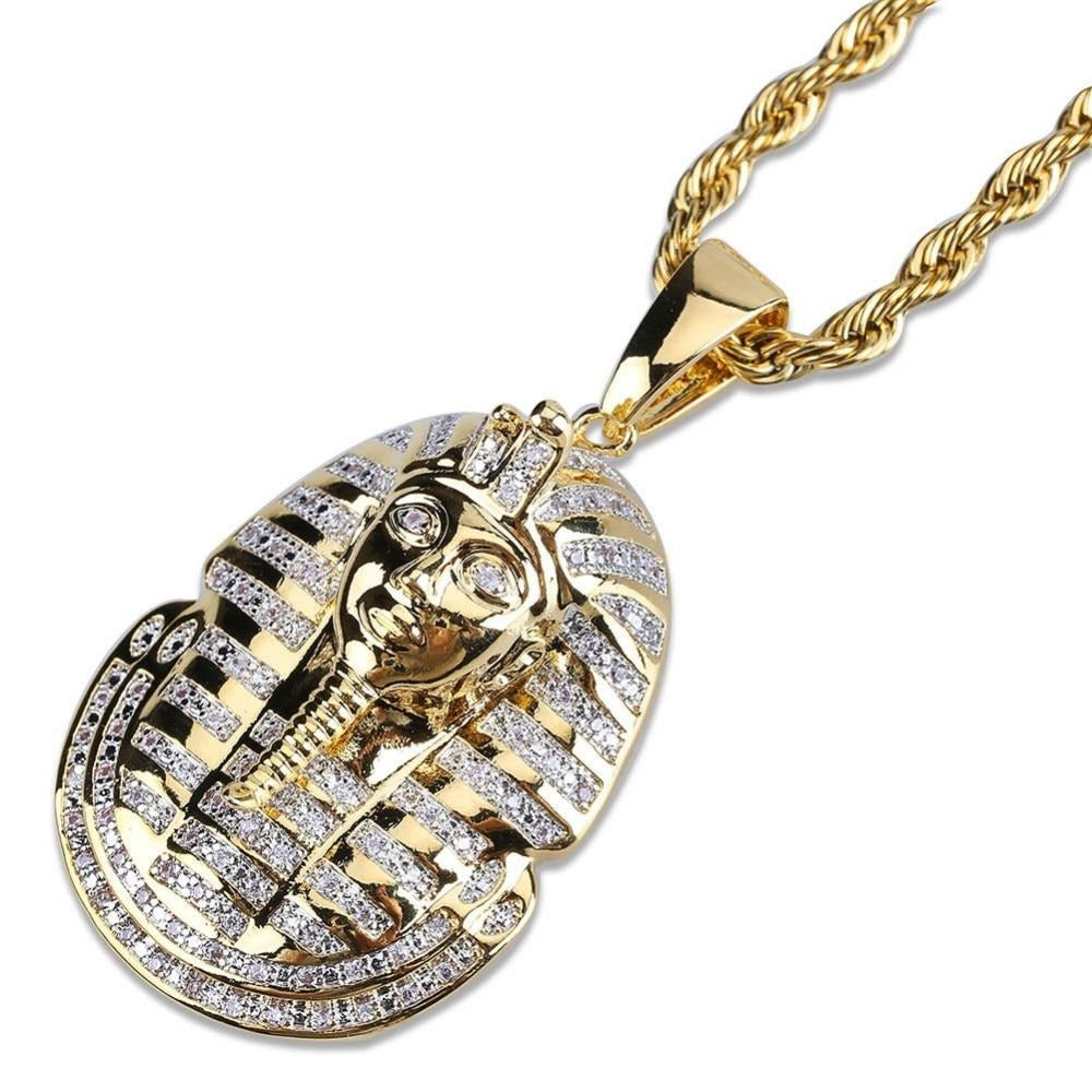 Egyptian Pharaoh Cubic Zirconia Gold-Plated Stainless Steel Hip-Hop Pendant Necklace-Necklaces-Innovato Design-24icnh-Cuban Chain-Innovato Design