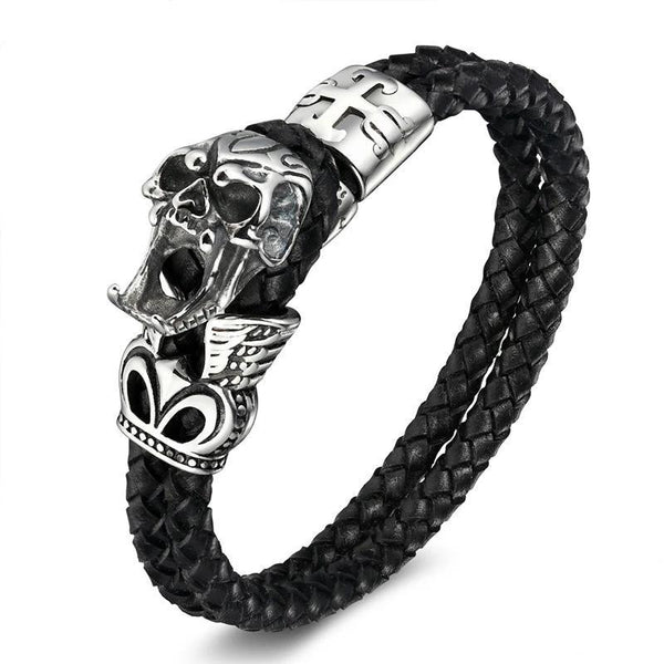 Black Two Strand Braided Leather Skull with Cross and Crown Bracelet ...