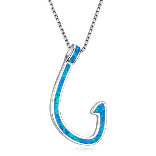 925 Sterling Silver Blue Opal Fish Hook Pendant Necklace-Necklaces-Innovato Design-Innovato Design