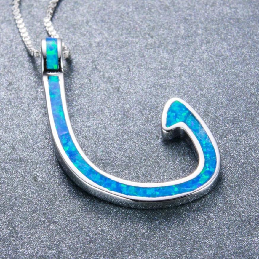 925 Sterling Silver Blue Opal Fish Hook Pendant Necklace-Necklaces-Innovato Design-Innovato Design