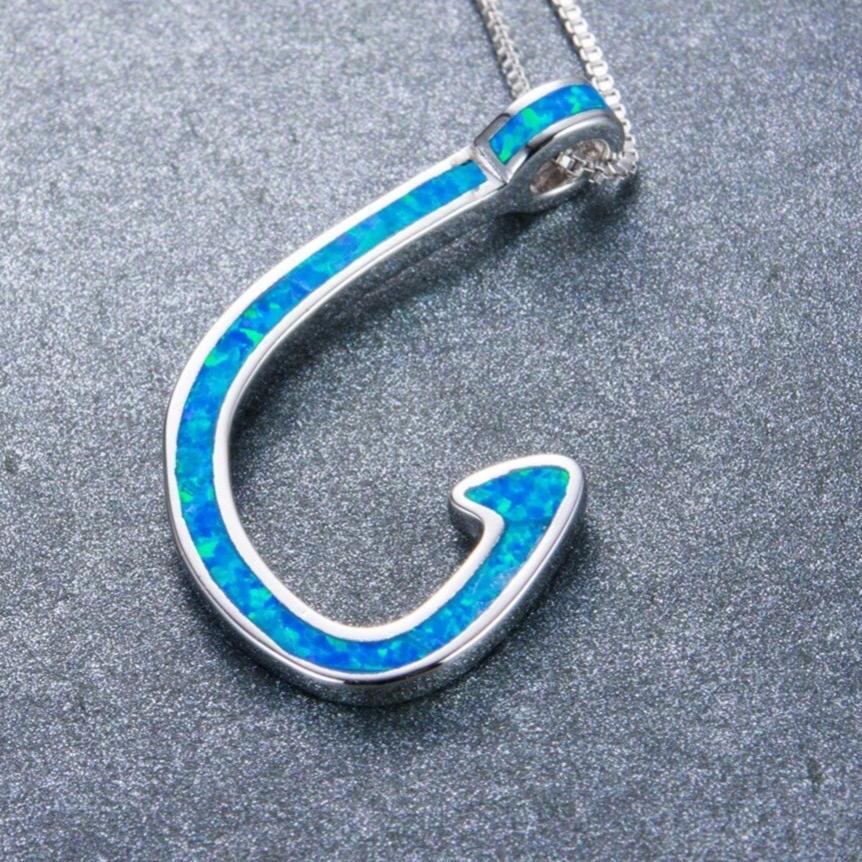 925 Sterling Silver Blue Opal Fish Hook Pendant Necklace-Necklaces-Innovato Design-Innovato Design