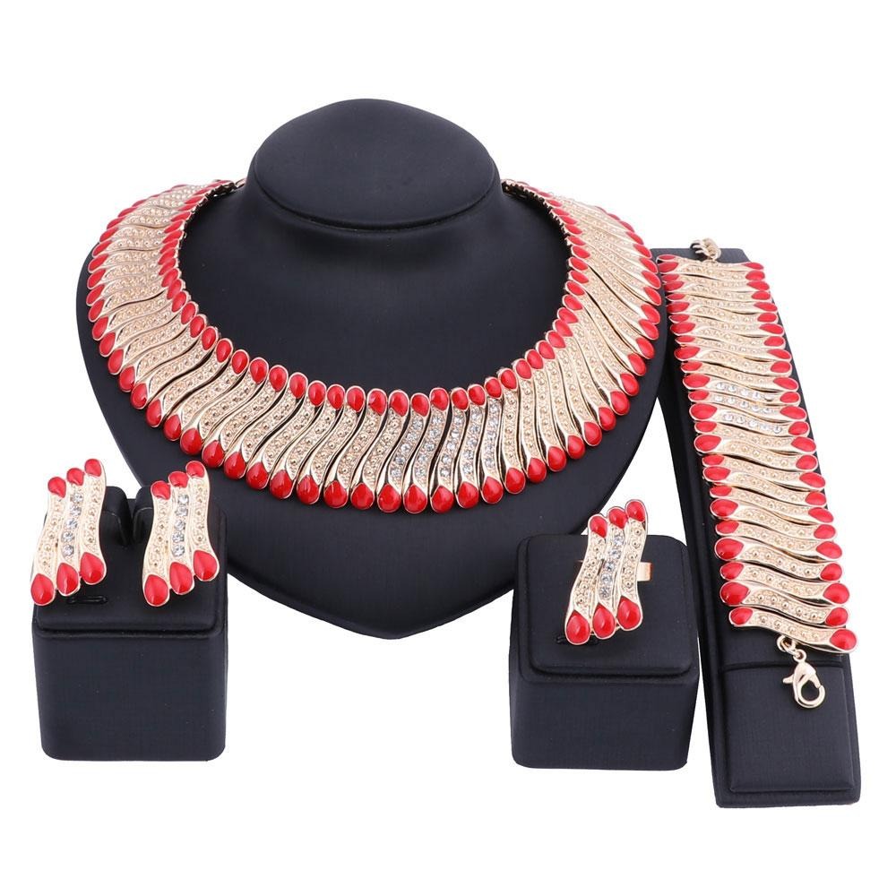 Crystal Steel Strips Necklace, Bracelet, Earrings & Ring Wedding Jewelry Set-Jewelry Sets-Innovato Design-Red-Innovato Design