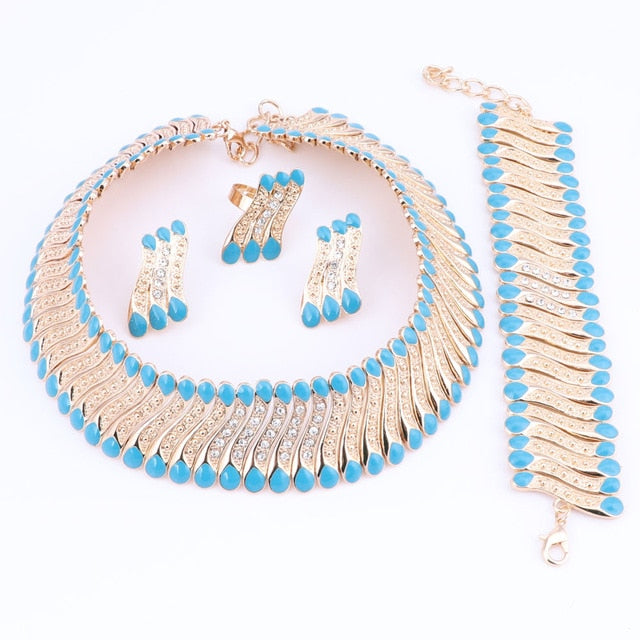 Crystal Steel Strips Necklace, Bracelet, Earrings & Ring Wedding Jewelry Set-Jewelry Sets-Innovato Design-Blue-Innovato Design