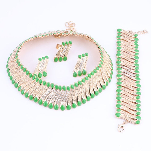 Crystal Steel Strips Necklace, Bracelet, Earrings & Ring Wedding Jewelry Set-Jewelry Sets-Innovato Design-Green-Innovato Design
