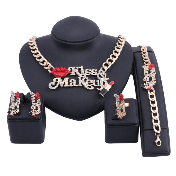 Crystal Red Sexy Lip, Enameled Lipstick, Kiss & Make Up Necklace, Bracelet, Earrings & Ring Wedding Jewelry Set
